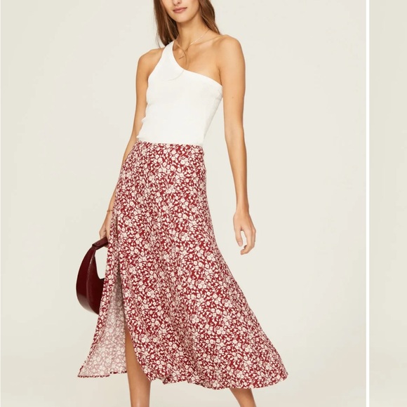 Reformation Zoe Grenadine Red And White Floral Print Midi Skirt SIZE 8 US